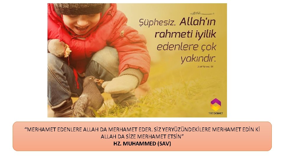 “MERHAMET EDENLERE ALLAH DA MERHAMET EDER. SİZ YERYÜZÜNDEKİLERE MERHAMET EDİN Kİ ALLAH DA SİZE