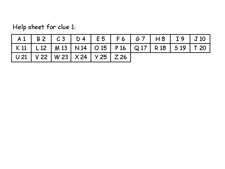 Help sheet for clue 1: A 1 B 2 C 3 D 4 E