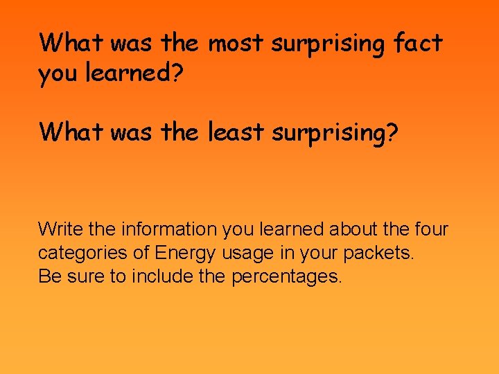 What was the most surprising fact you learned? What was the least surprising? Write