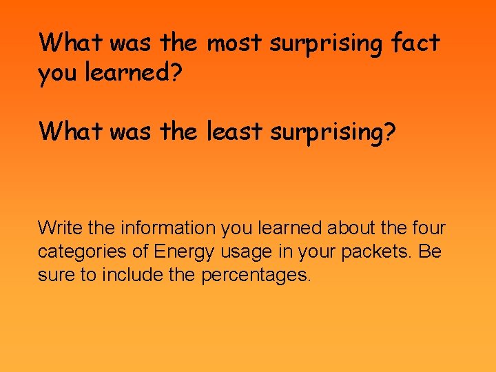 What was the most surprising fact you learned? What was the least surprising? Write