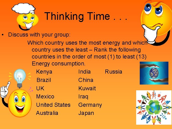 Thinking Time. . . • Discuss with your group: Which country uses the most