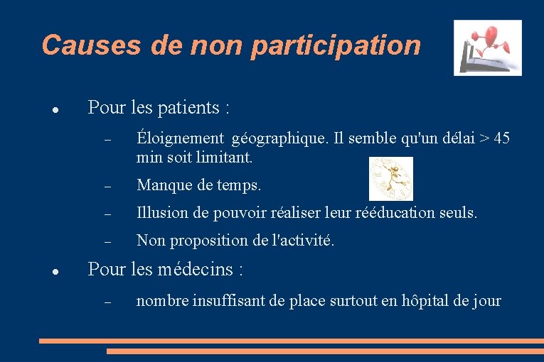 Causes de non participation Pour les patients : Éloignement géographique. Il semble qu'un délai