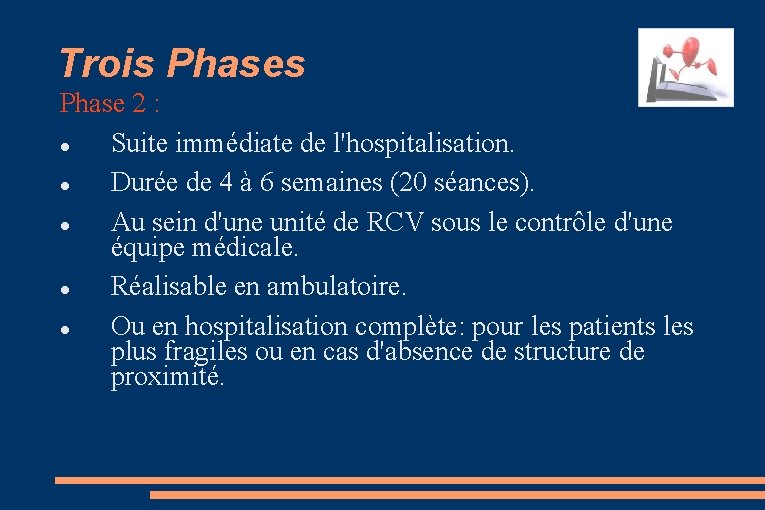 Trois Phase 2 : Suite immédiate de l'hospitalisation. Durée de 4 à 6 semaines