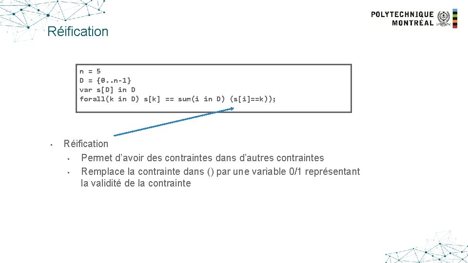 Réification n = 5 D = {0. . n-1} var s[D] in D forall(k