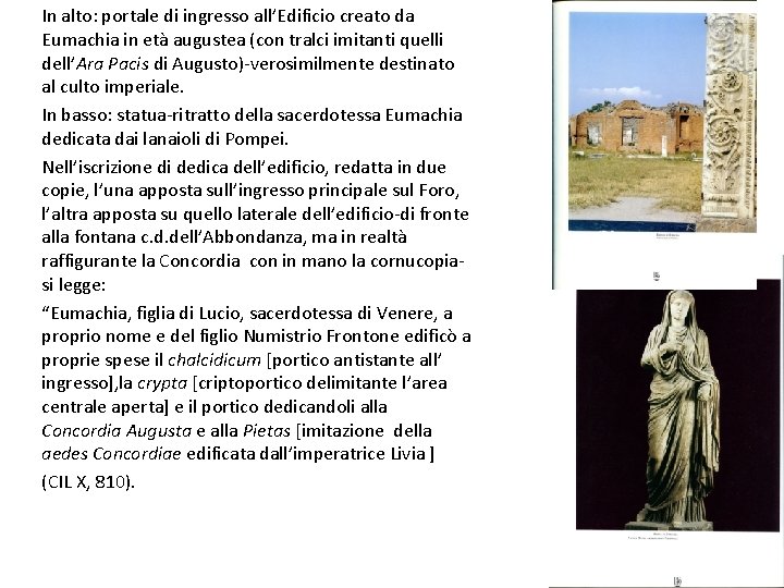 In alto: portale di ingresso all’Edificio creato da Eumachia in età augustea (con tralci