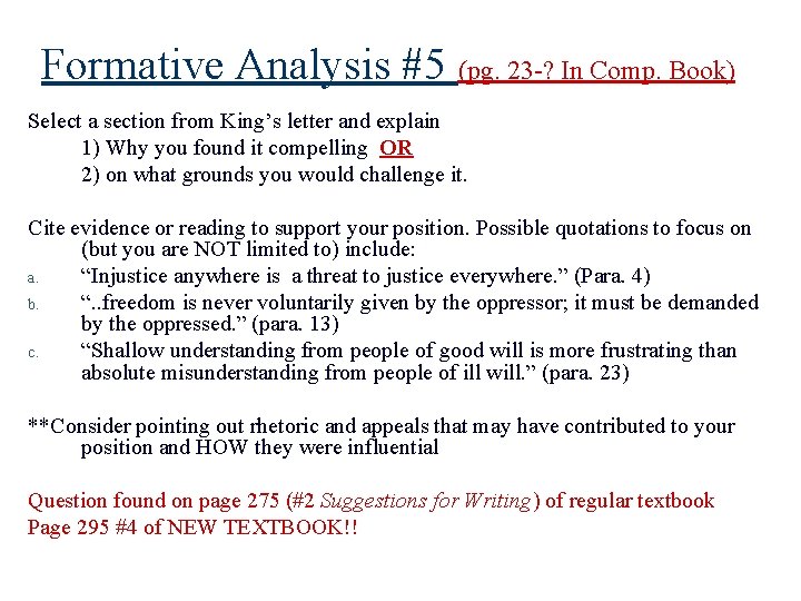 Formative Analysis #5 (pg. 23 -? In Comp. Book) Select a section from King’s Formative Analysis #5 (pg. 23 -? In Comp. Book) Select a section from King’s
