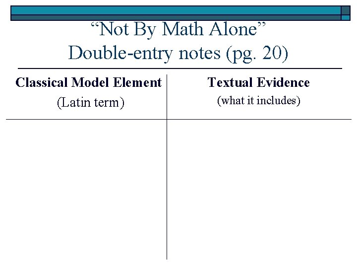 “Not By Math Alone” Double-entry notes (pg. 20) Classical Model Element (Latin term) Textual “Not By Math Alone” Double-entry notes (pg. 20) Classical Model Element (Latin term) Textual