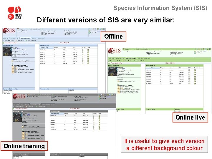 Species Information System (SIS) Different versions of SIS are very similar: Offline Online live