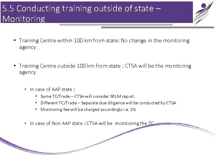 5. 5 Conducting training outside of state – Monitoring • Training Centre within 100