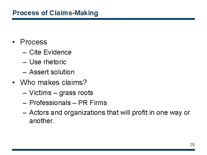 Process of Claims-Making • Process – Cite Evidence – Use rhetoric – Assert solution