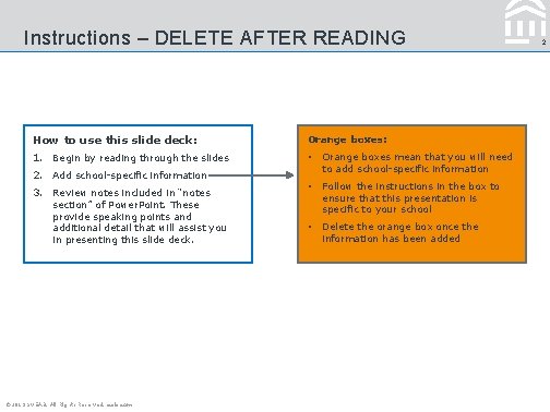 Instructions – DELETE AFTER READING How to use this slide deck: Orange boxes: 1.