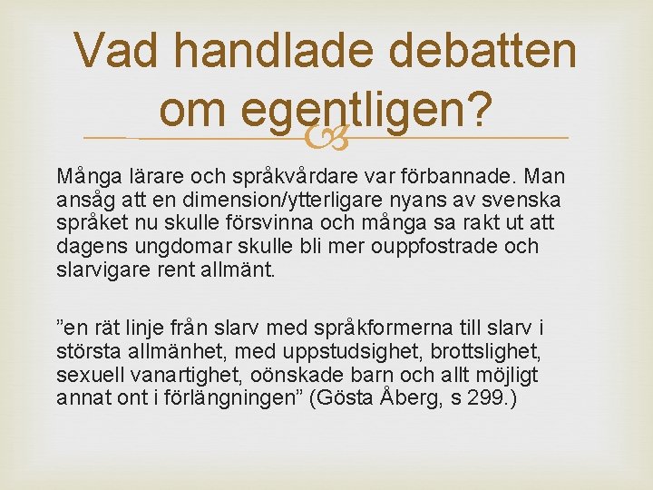 Vad handlade debatten om egentligen? Många lärare och språkvårdare var förbannade. Man ansåg att