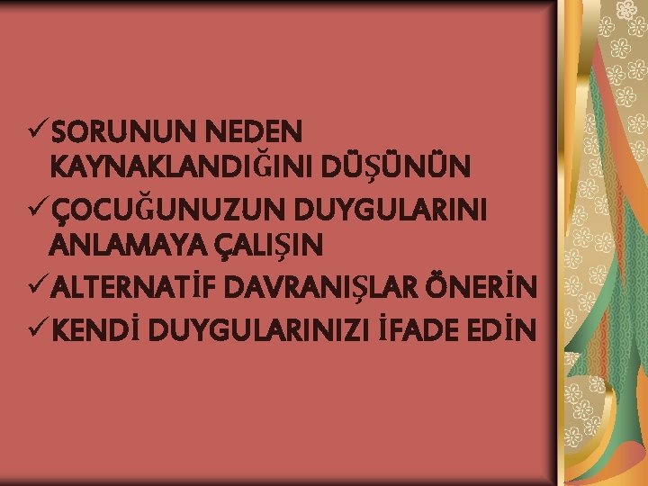 üSORUNUN NEDEN KAYNAKLANDIĞINI DÜŞÜNÜN üÇOCUĞUNUZUN DUYGULARINI ANLAMAYA ÇALIŞIN üALTERNATİF DAVRANIŞLAR ÖNERİN üKENDİ DUYGULARINIZI İFADE