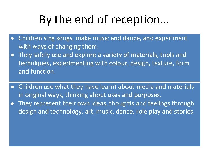 By the end of reception… Children sing songs, make music and dance, and experiment
