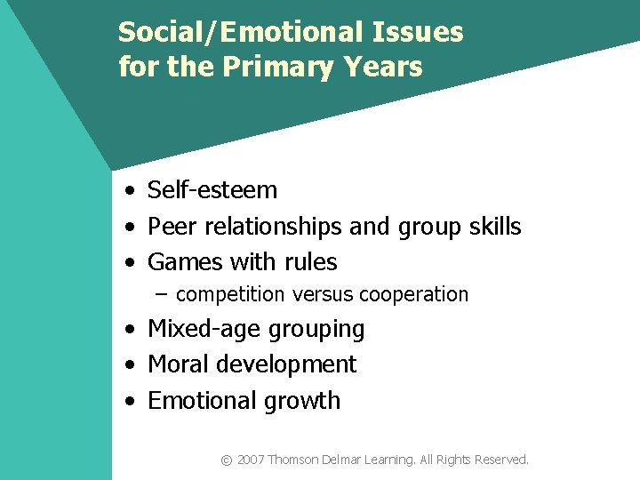 Social/Emotional Issues for the Primary Years • Self-esteem • Peer relationships and group skills