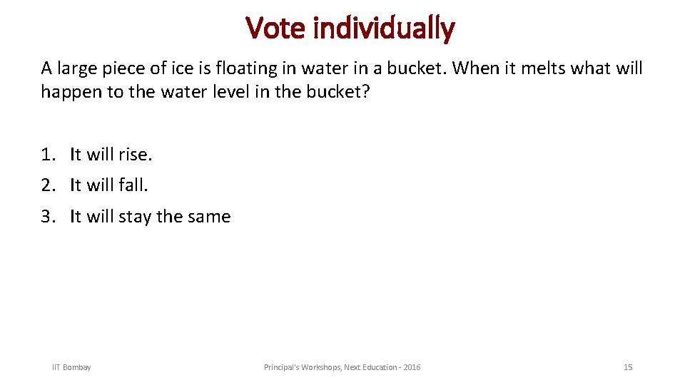 Vote individually A large piece of ice is floating in water in a bucket.