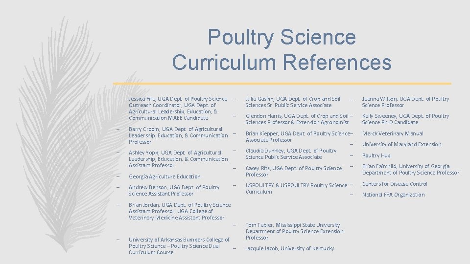Poultry Science Curriculum References – – – – Jessica Fife, UGA Dept. of Poultry
