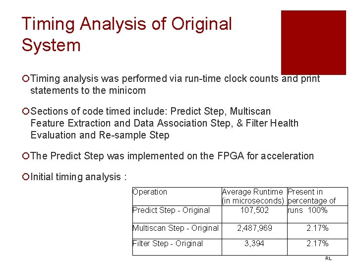 Timing Analysis of Original System ¡Timing analysis was performed via run-time clock counts and