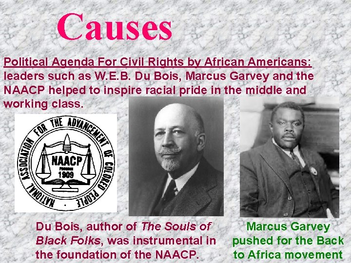 Causes Political Agenda For Civil Rights by African Americans: leaders such as W. E.