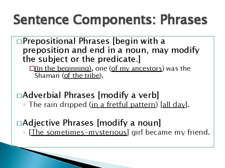 Sentence Components: Phrases � Prepositional Phrases [begin with a preposition and end in a