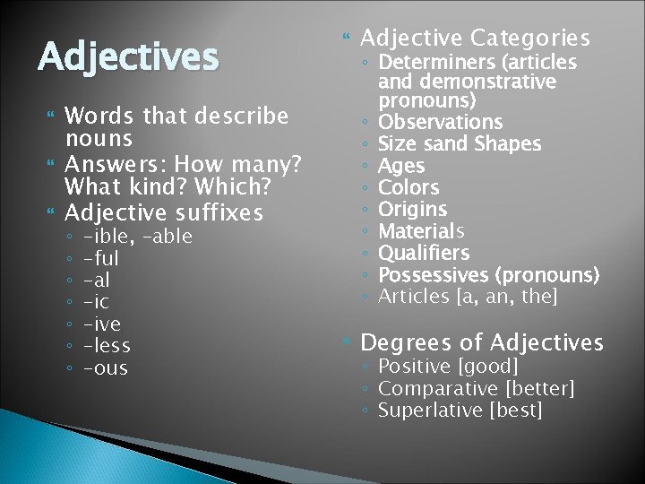 Adjectives Adjective Categories Degrees of Adjectives Words that describe nouns Answers: How many? What