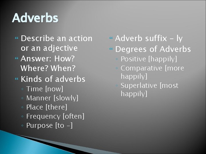 Adverbs Describe an action or an adjective Answer: How? Where? When? Kinds of adverbs