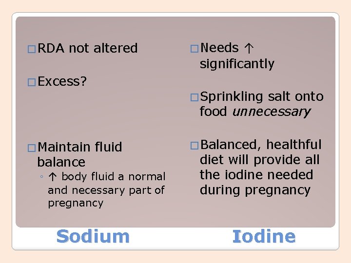 �RDA not altered �Excess? �Maintain balance �Needs ↑ significantly �Sprinkling salt onto food unnecessary