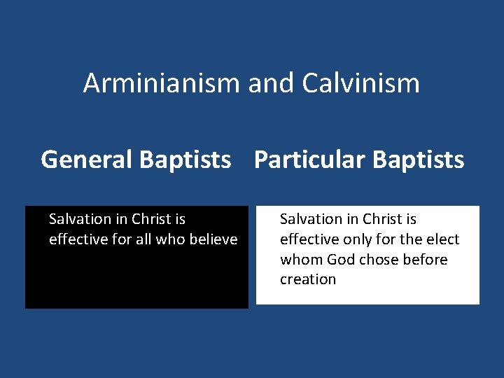 Arminianism and Calvinism General Baptists Particular Baptists Salvation in Christ is effective for all