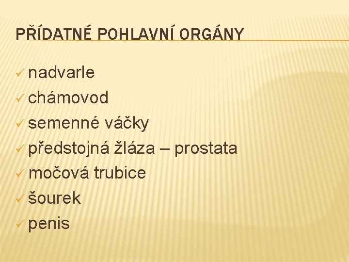 PŘÍDATNÉ POHLAVNÍ ORGÁNY ü nadvarle ü chámovod ü semenné váčky ü předstojná žláza –