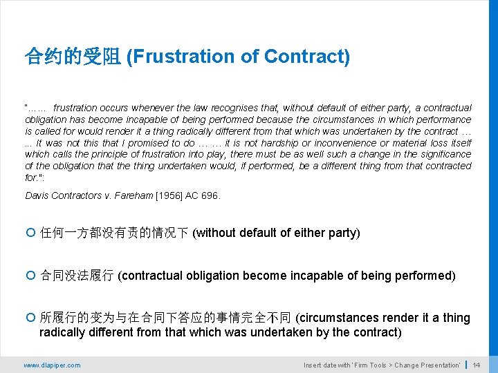 合约的受阻 (Frustration of Contract) “…… frustration occurs whenever the law recognises that, without default