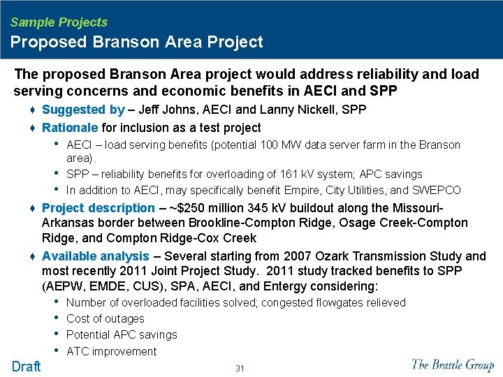 Sample Projects Proposed Branson Area Project The proposed Branson Area project would address reliability