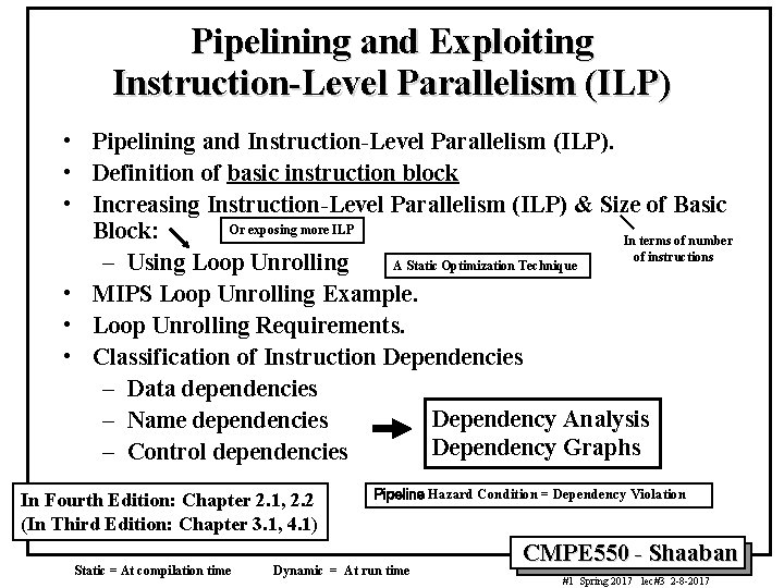 Pipelining and Exploiting Instruction-Level Parallelism (ILP) • Pipelining and Instruction-Level Parallelism (ILP). • Definition
