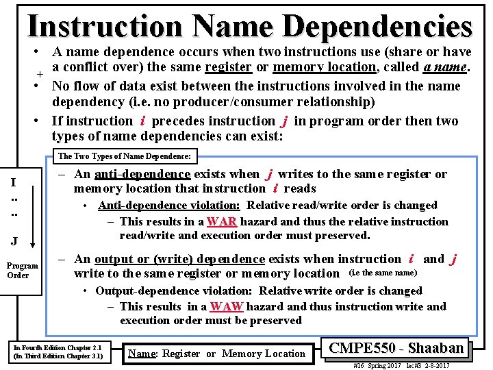 Instruction Name Dependencies • A name dependence occurs when two instructions use (share or