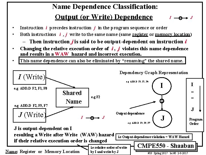 Name Dependence Classification: Output (or Write) Dependence • • I J Instruction i precedes