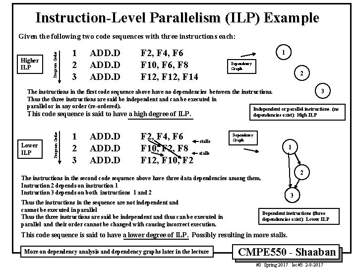 Instruction-Level Parallelism (ILP) Example Higher ILP Program Order Given the following two code sequences