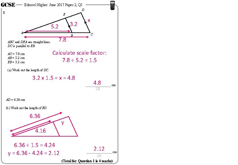 GCSE Edexcel Higher: June 2017 Paper 2, Q 5 D 1 E 3. 2