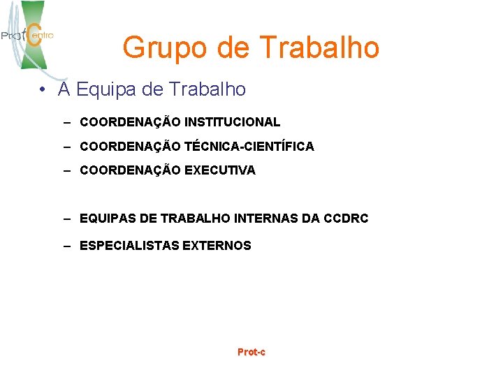 Grupo de Trabalho • A Equipa de Trabalho – COORDENAÇÃO INSTITUCIONAL – COORDENAÇÃO TÉCNICA-CIENTÍFICA