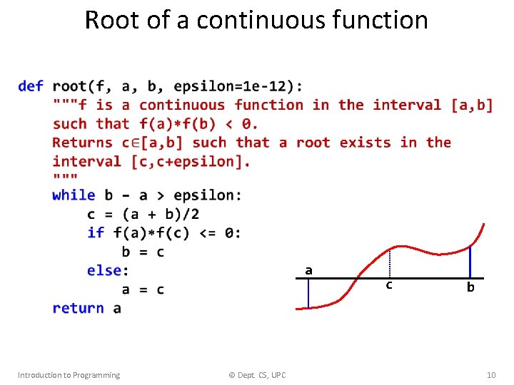 Root of a continuous function a Introduction to Programming © Dept. CS, UPC c