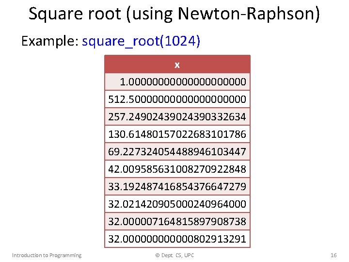 Square root (using Newton-Raphson) Example: square_root(1024) x 1. 0000000000 512. 50000000000 257. 249024390332634 130.