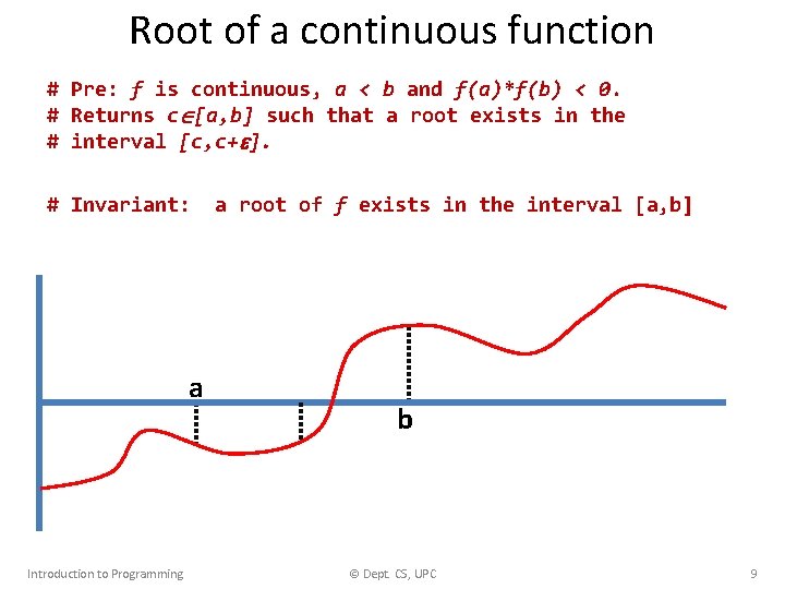 Root of a continuous function # Pre: f is continuous, a < b and