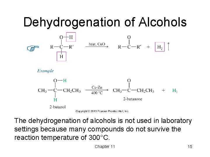Dehydrogenation of Alcohols The dehydrogenation of alcohols is not used in laboratory settings because