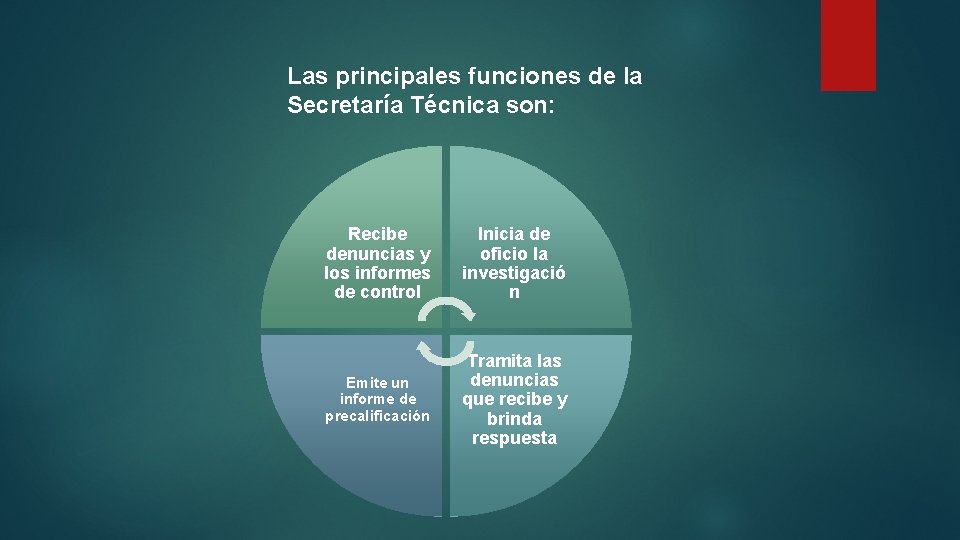 Las principales funciones de la Secretaría Técnica son: Recibe denuncias y los informes de