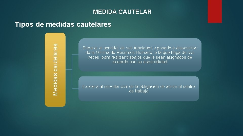 MEDIDA CAUTELAR Medidas cautelares Tipos de medidas cautelares Separar al servidor de sus funciones