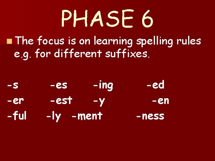 n The PHASE 6 focus is on learning spelling rules e. g. for different