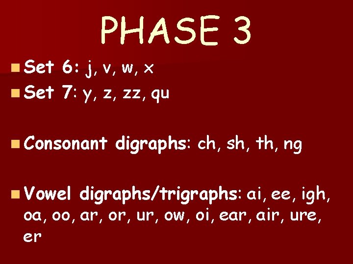 n Set PHASE 3 6: j, v, w, x n Set 7: y, z,