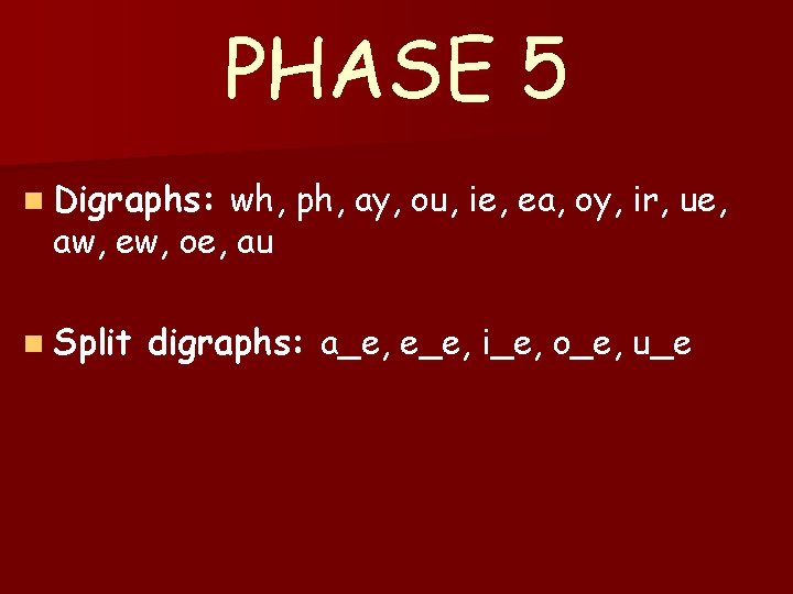 PHASE 5 n Digraphs: wh, ph, ay, ou, ie, ea, oy, ir, ue, aw,