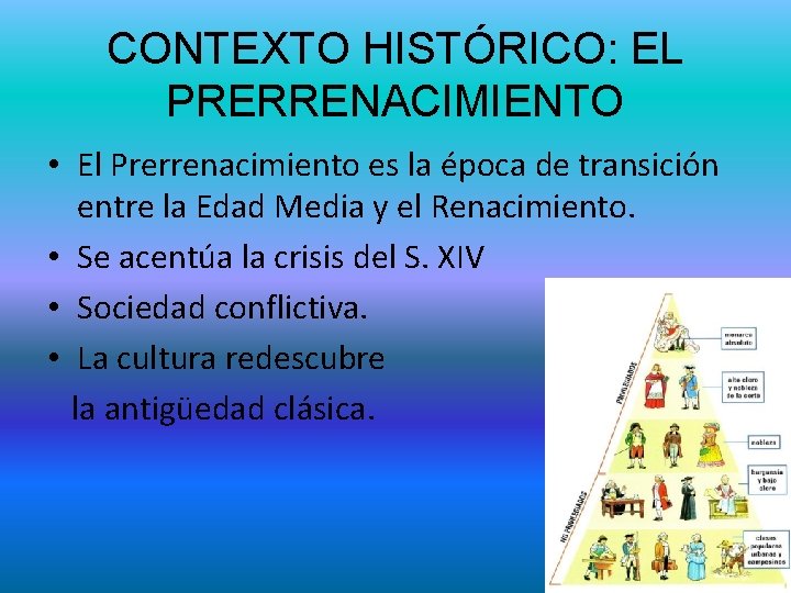 CONTEXTO HISTÓRICO: EL PRERRENACIMIENTO • El Prerrenacimiento es la época de transición entre la
