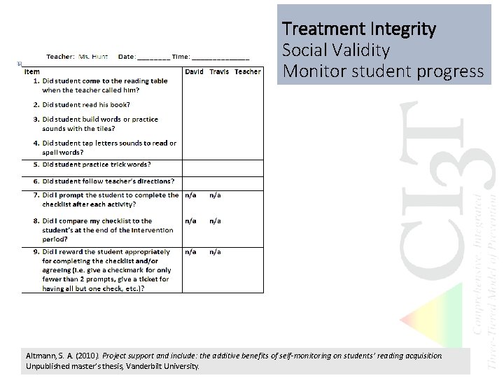Treatment Integrity Social Validity Monitor student progress Altmann, S. A. (2010). Project support and