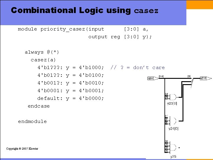 Combinational Logic using casez module priority_casez(input [3: 0] a, output reg [3: 0] y);