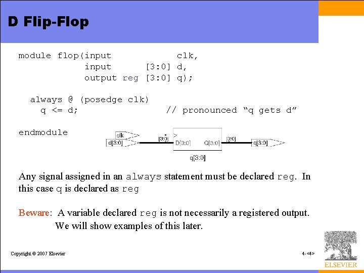D Flip-Flop module flop(input clk, input [3: 0] d, output reg [3: 0] q);